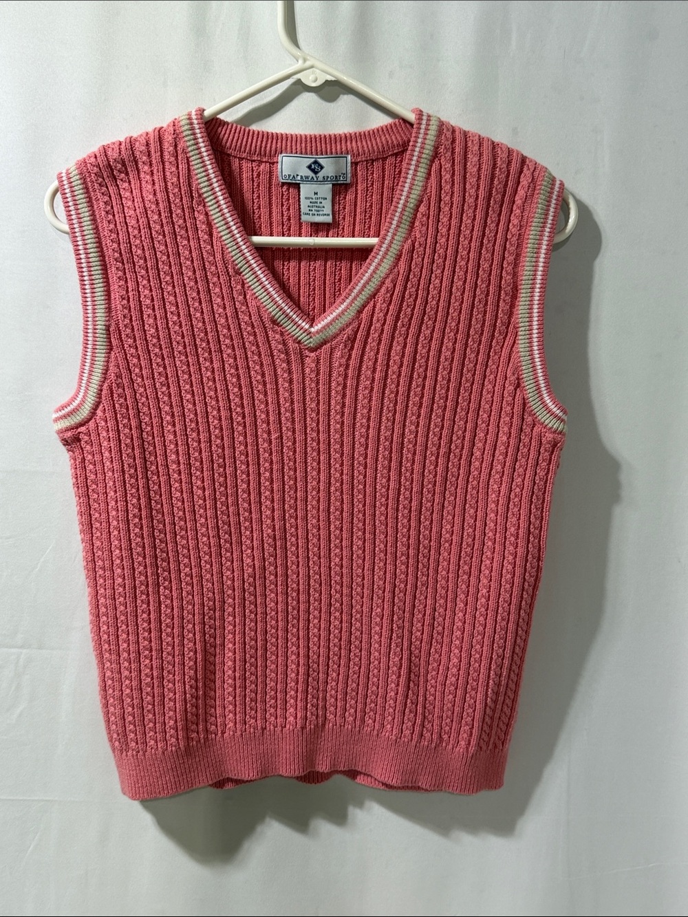 Izod Coral Pink Cable-Knit V-Neck Sweater Vest with Striped Trim